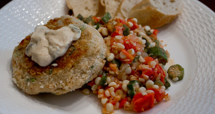 Salmon Patty with Okra, Corn and Tomatoes